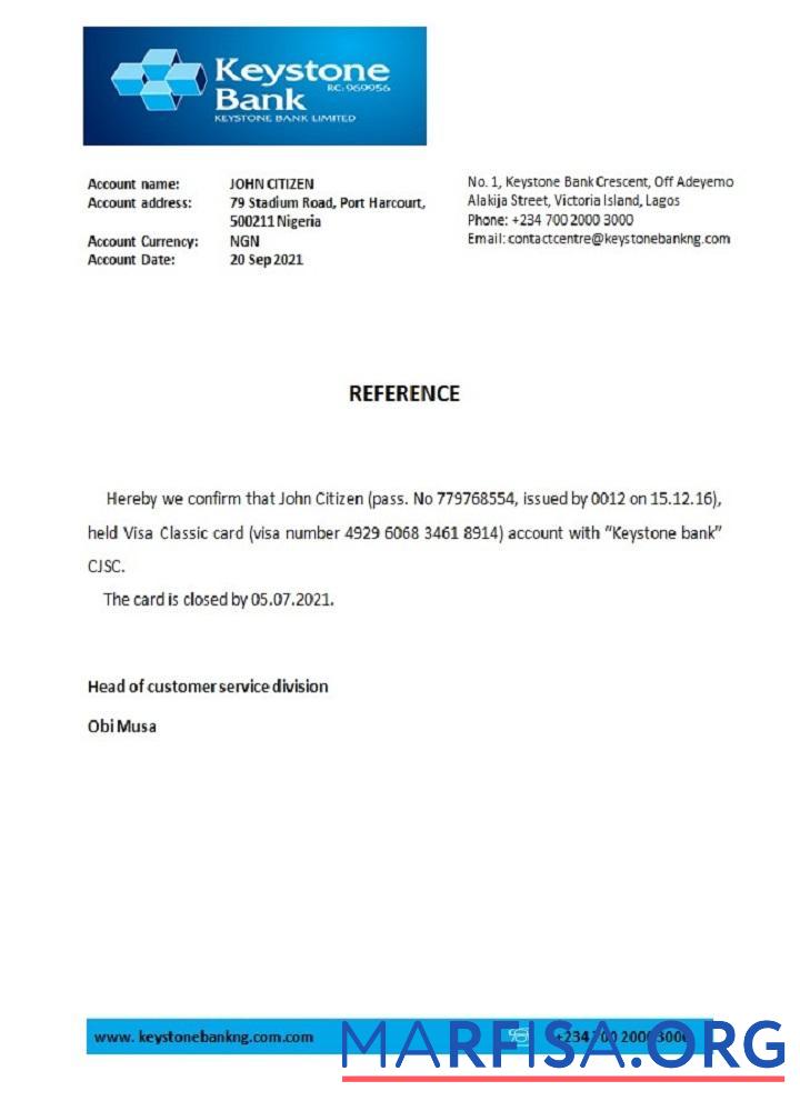 Printable Nigeria Keystone bank closure reference download for verification